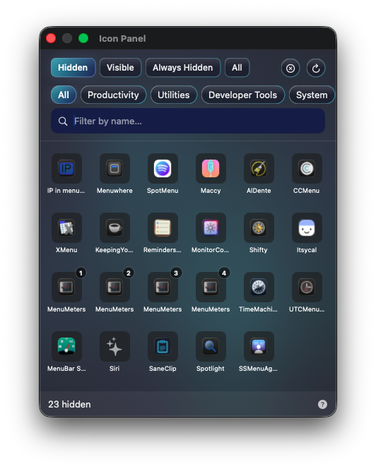 SaneBar icon panel with hidden icons, categories, and search
