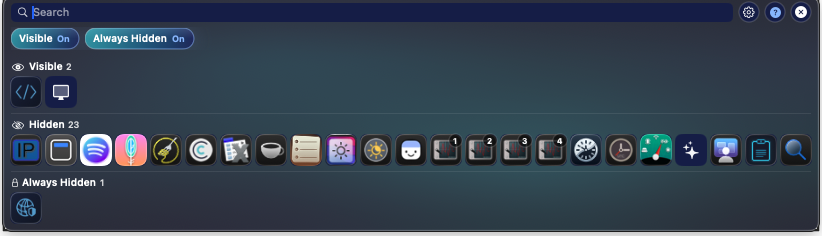 SaneBar second menu bar showing many hidden icons